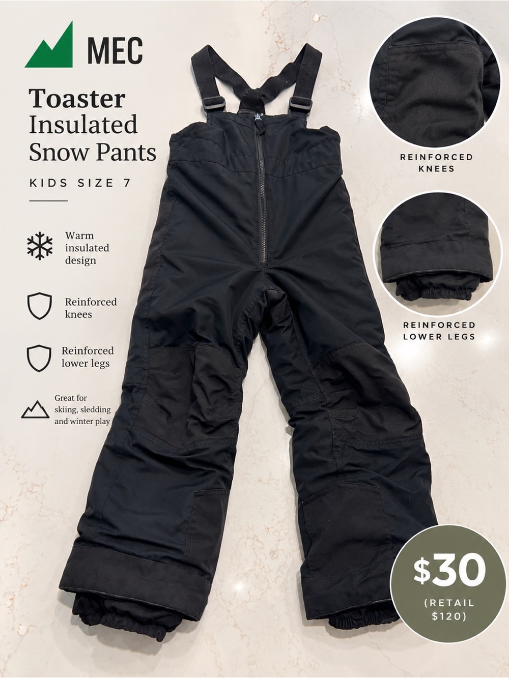 MEC Toaster Insulated Snow Pants - Black - kids size 7